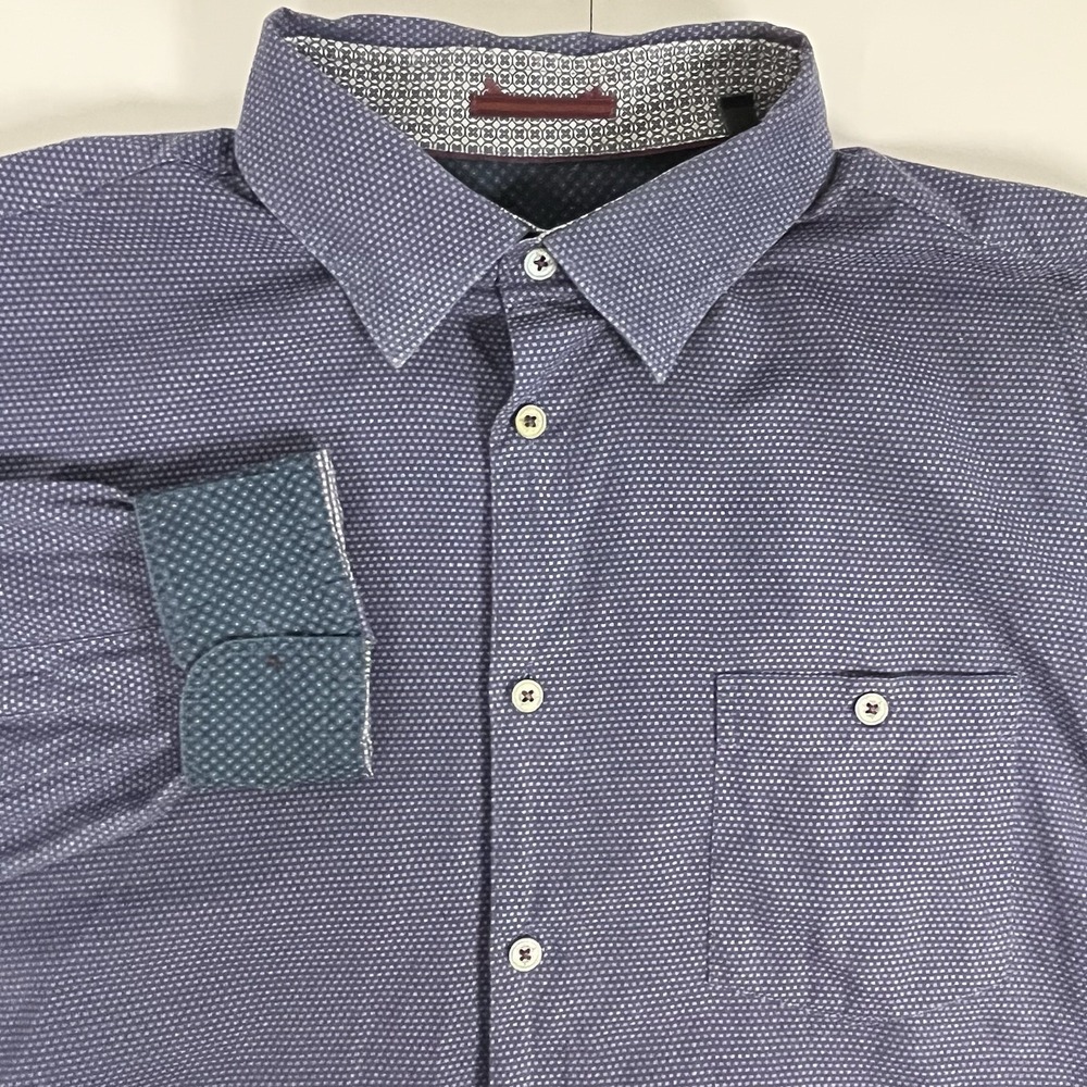 Ted Baker Button Up Shirt Men Size 6 Long Sleeve Blue Cotton Stretch Geometric
